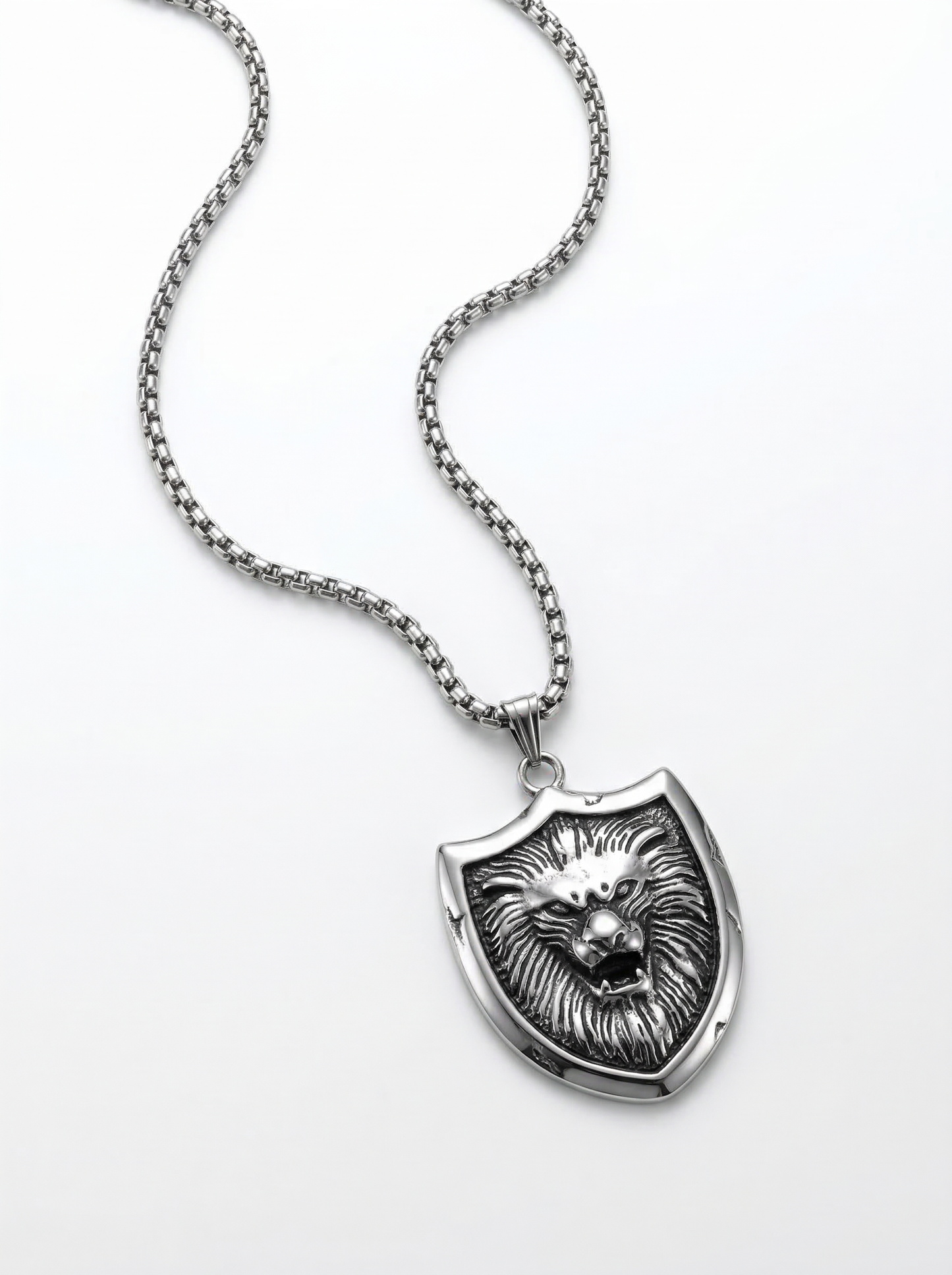 Silver Lion Shield Pendant Chain