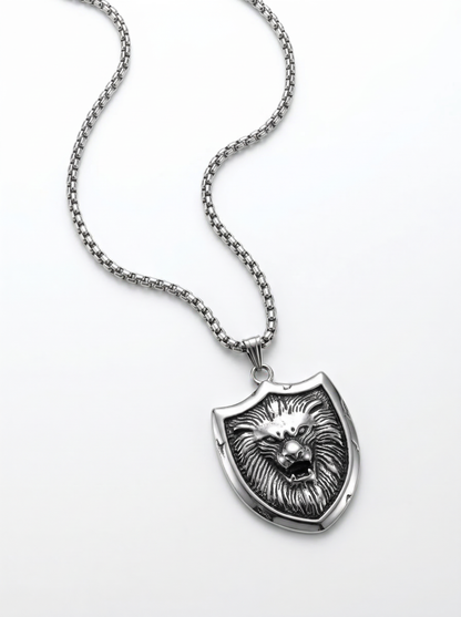 Silver Lion Shield Pendant Chain