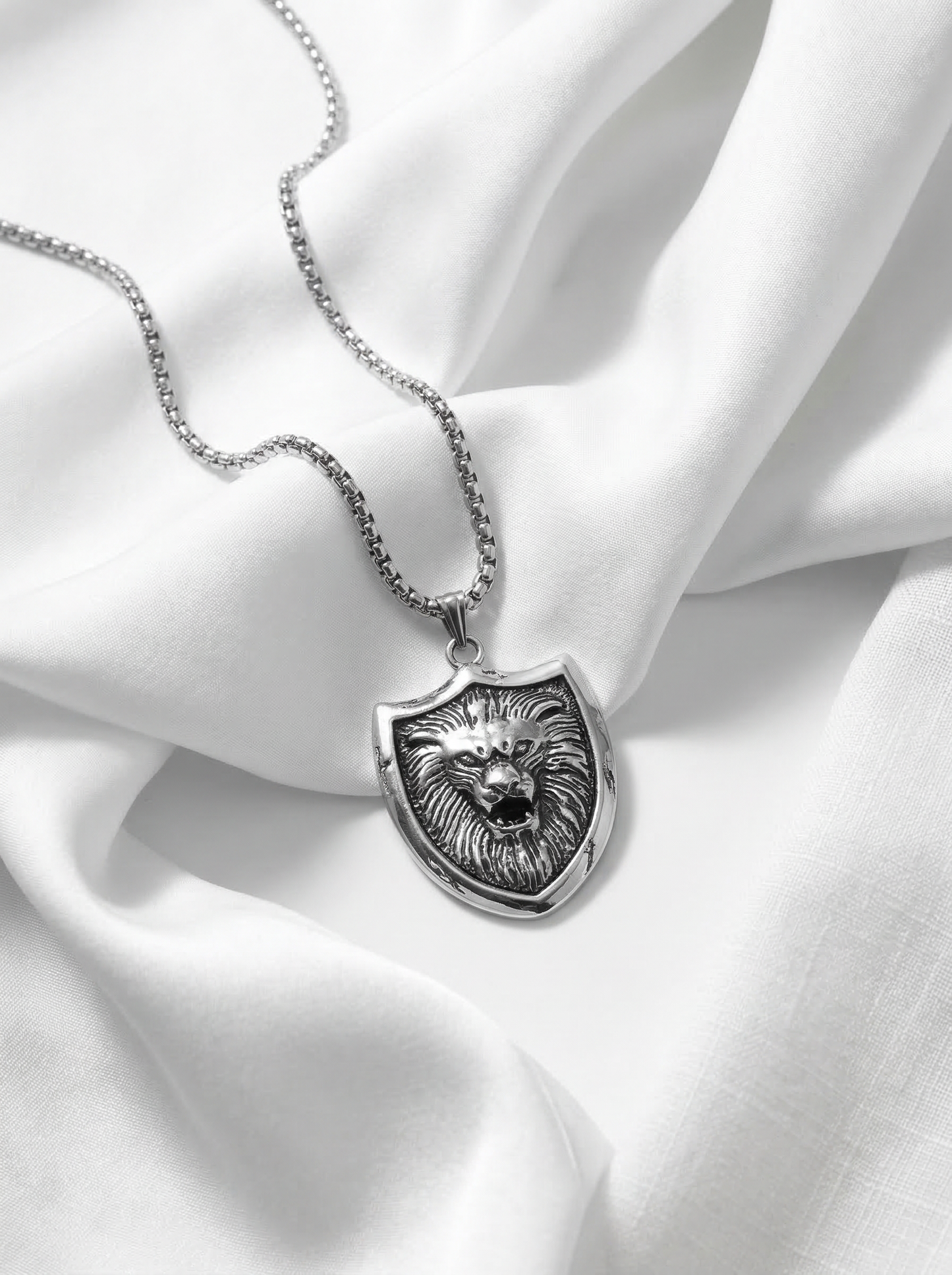 Silver Lion Shield Pendant Chain