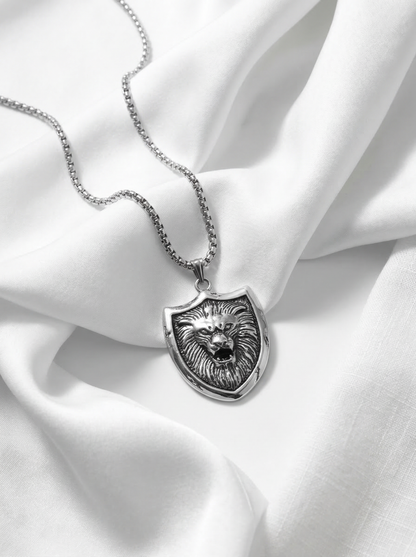 Silver Lion Shield Pendant Chain