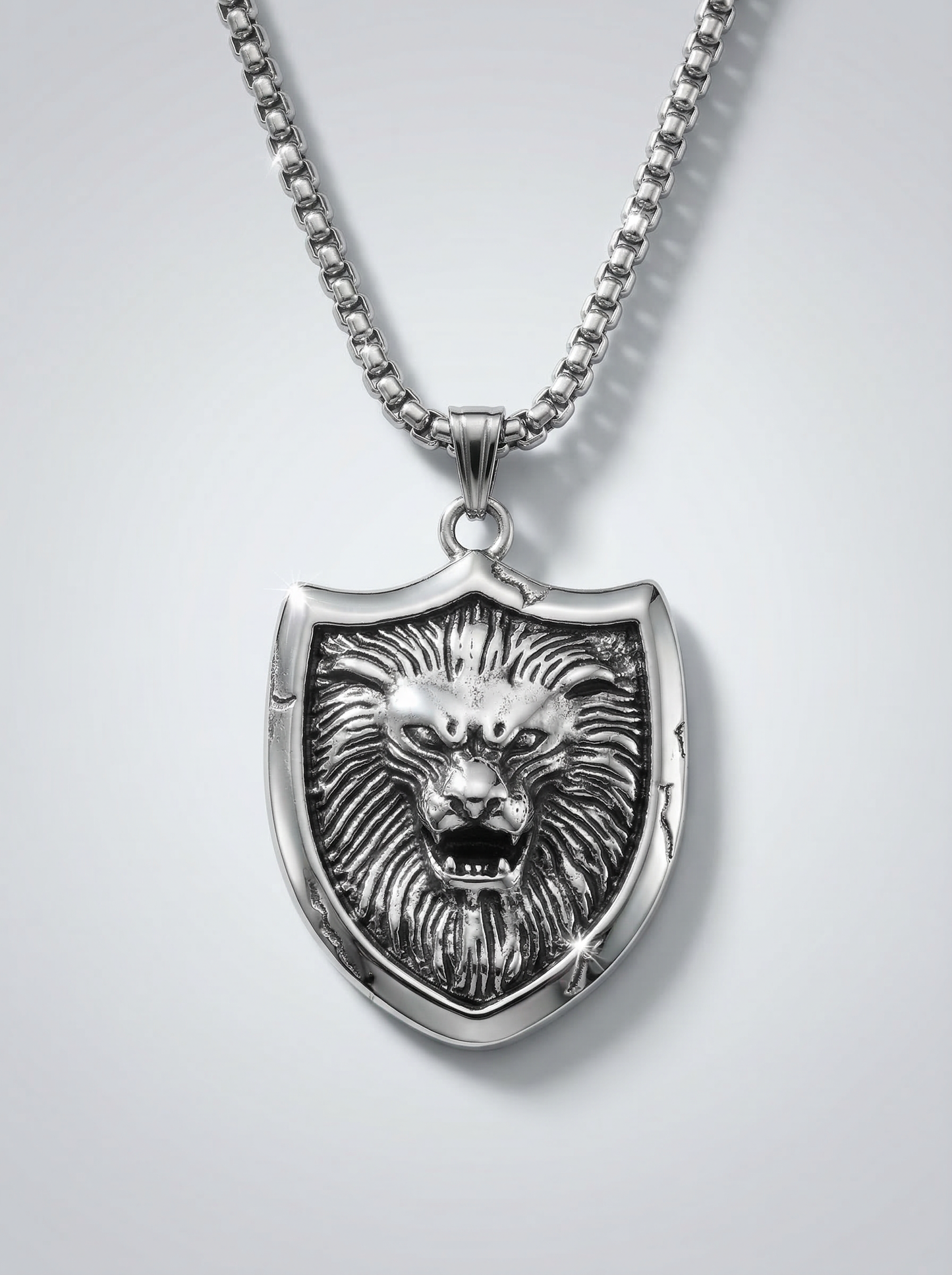 Silver Lion Shield Pendant Chain