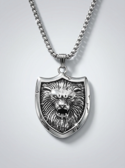Silver Lion Shield Pendant Chain