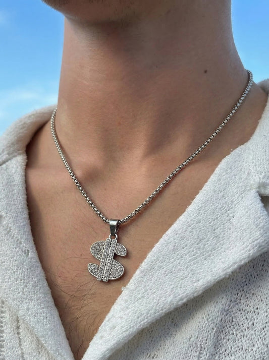 Silver Iced Dollar Pendant Chain