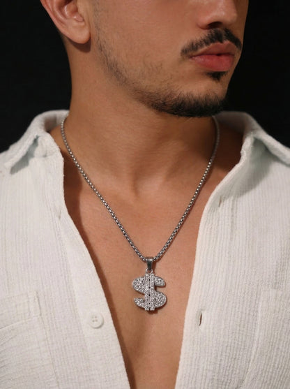 Silver Iced Dollar Pendant Chain