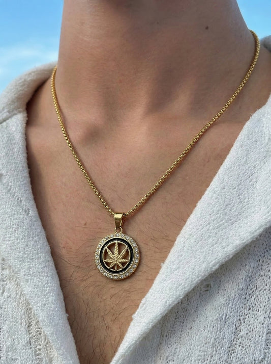 Golden Iced Leaf Emblem Pendant Chain