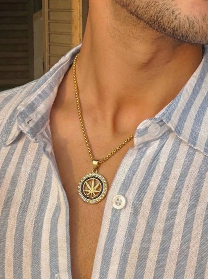 Golden Iced Leaf Emblem Pendant Chain