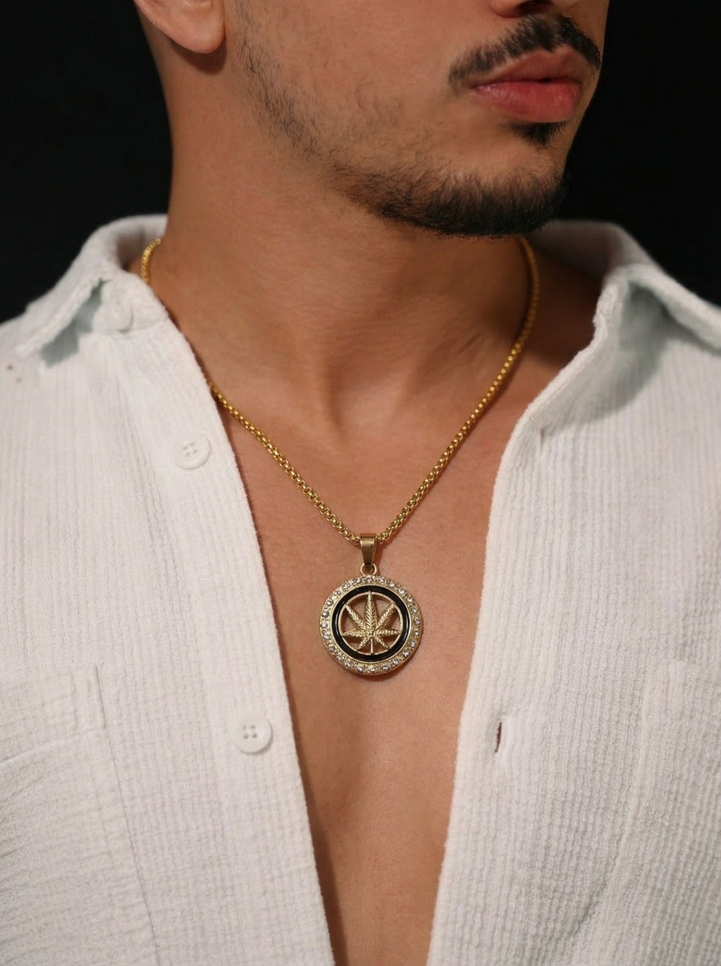 Golden Iced Leaf Emblem Pendant Chain