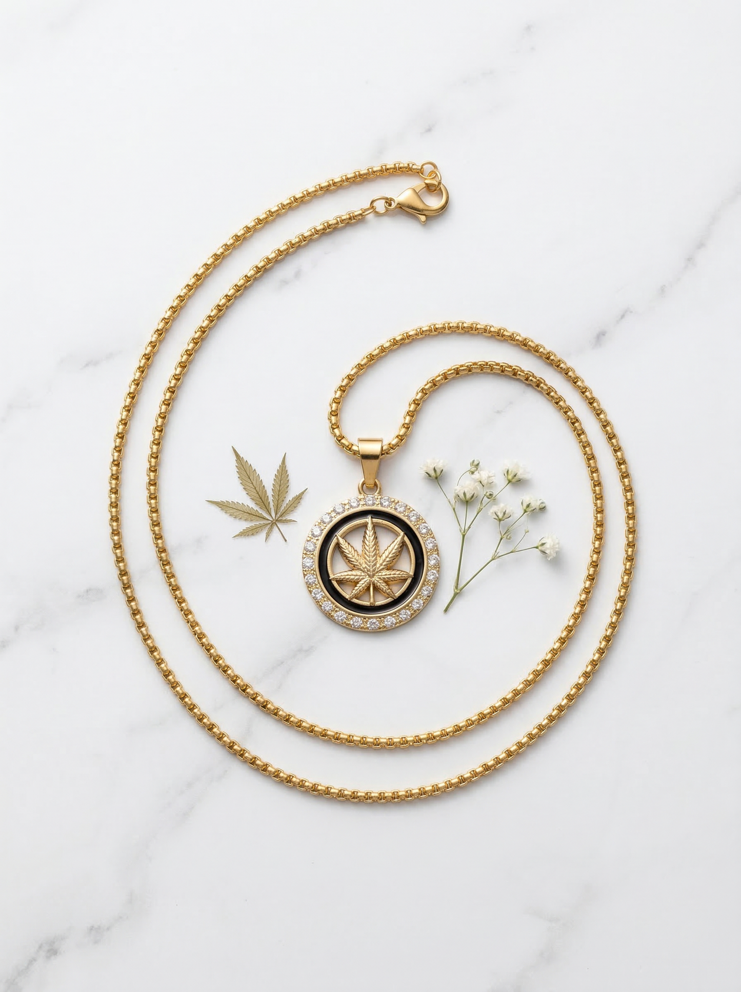 Golden Iced Leaf Emblem Pendant Chain