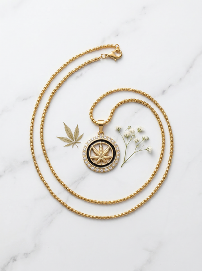 Golden Iced Leaf Emblem Pendant Chain