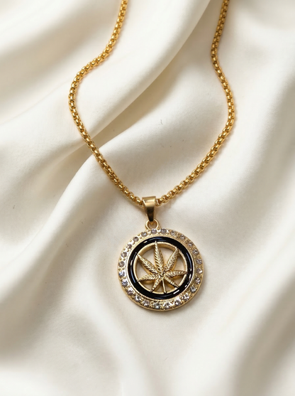 Golden Iced Leaf Emblem Pendant Chain