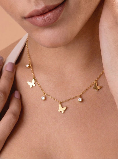 Butterfly Diamond Charms Necklace Gold Plated, Waterproof and Anti-Tarnish