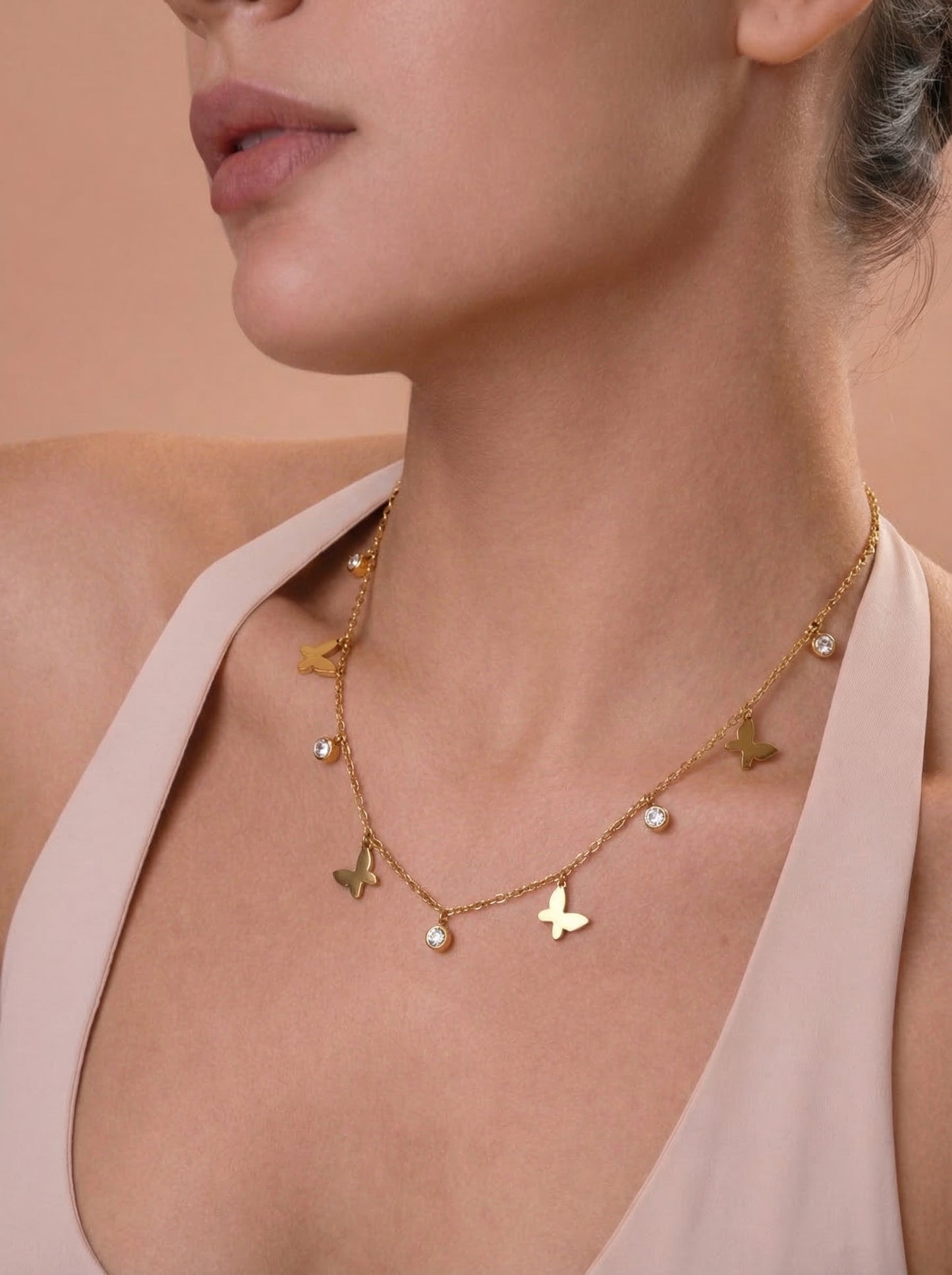 Butterfly Diamond Charms Necklace Gold Plated, Waterproof and Anti-Tarnish