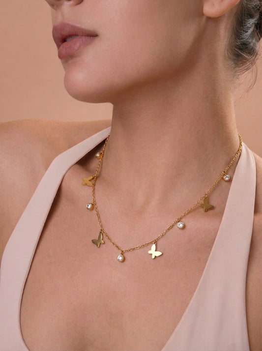 Butterfly Diamond Charms Necklace Gold Plated, Waterproof and Anti-Tarnish