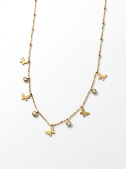 Butterfly Diamond Charms Necklace Gold Plated, Waterproof and Anti-Tarnish