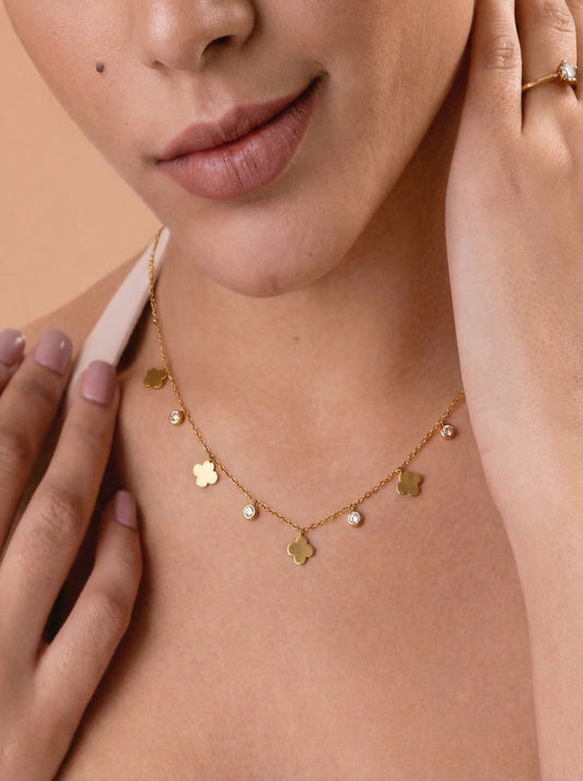 Clover Diamond Charms Necklace Gold Plated, Waterproof and Anti-Tarnish