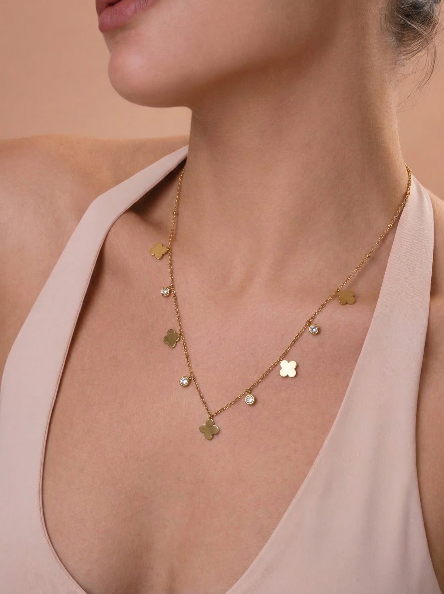 Clover Diamond Charms Necklace Gold Plated, Waterproof and Anti-Tarnish