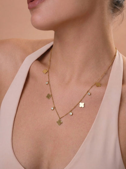 Clover Diamond Charms Necklace Gold Plated, Waterproof and Anti-Tarnish