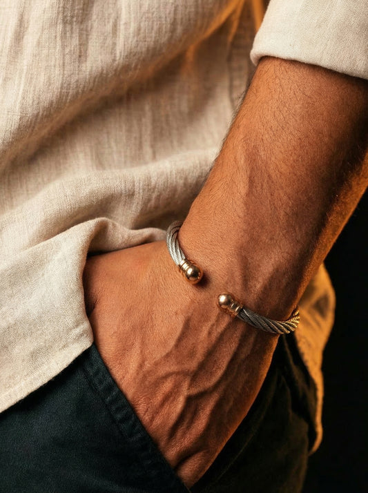 Silver Rope Cable Men’s Kada with Rose Gold Ends