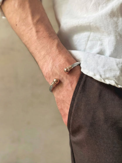 Silver Rope Cable Men’s Kada with Rose Gold Ends
