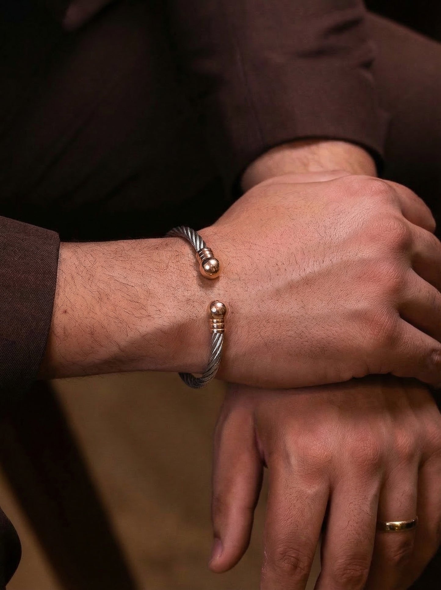 Silver Rope Cable Men’s Kada with Rose Gold Ends