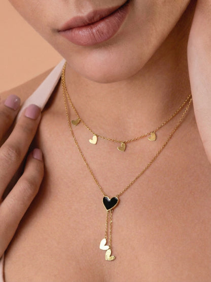 Golden Black Heart Layered Charm Necklace