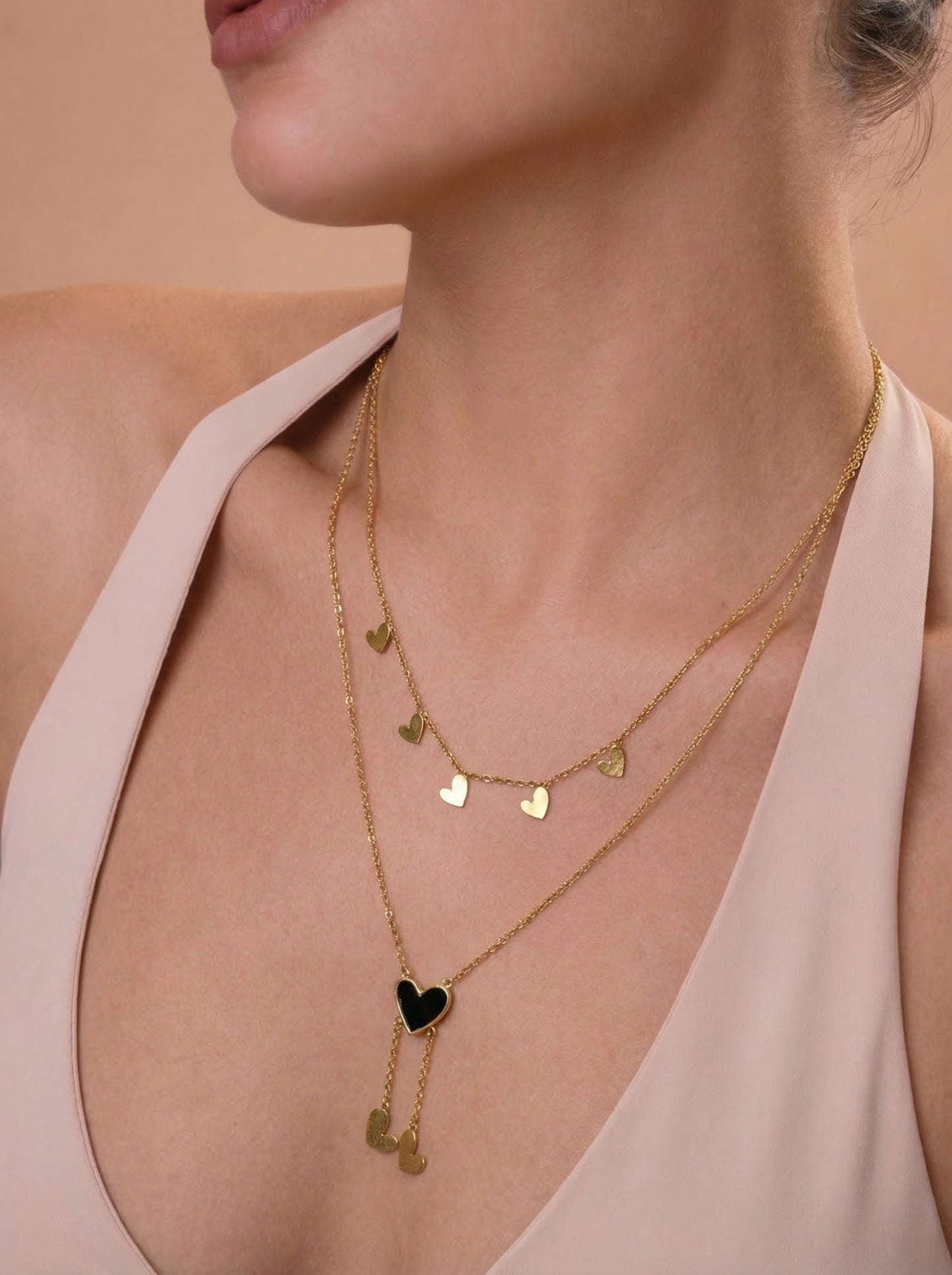 Golden Black Heart Layered Charm Necklace