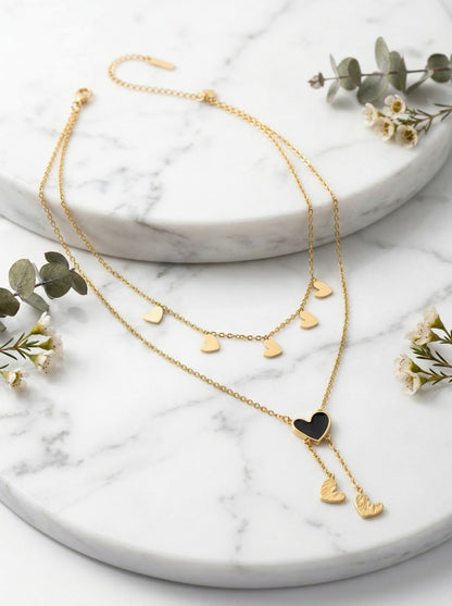 Golden Black Heart Layered Charm Necklace