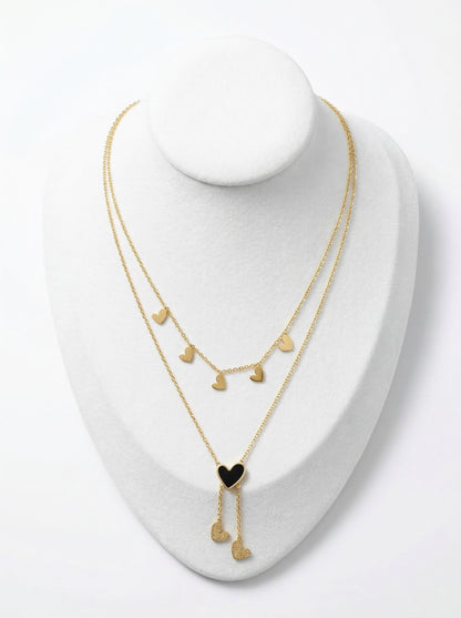 Golden Black Heart Layered Charm Necklace