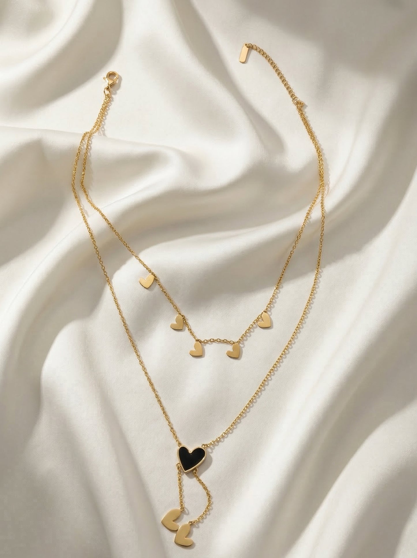 Golden Black Heart Layered Charm Necklace