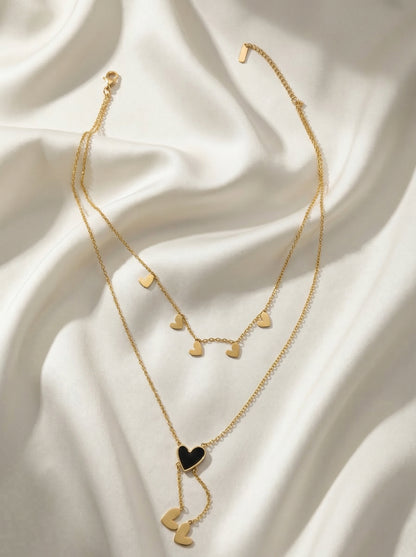 Golden Black Heart Layered Charm Necklace