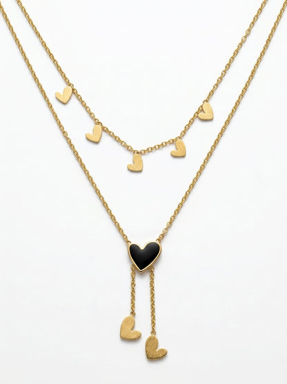 Golden Black Heart Layered Charm Necklace