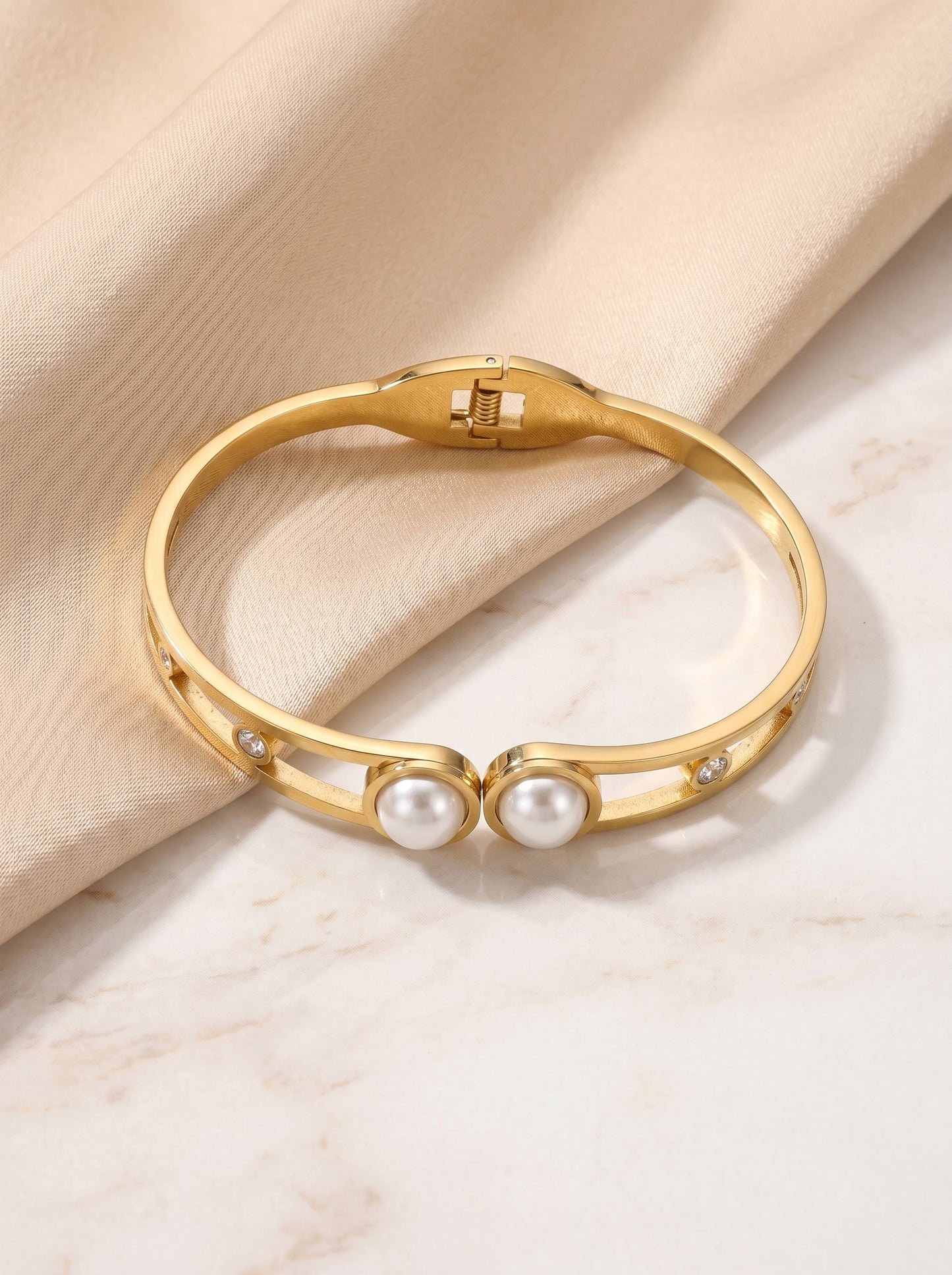 Golden Twin Pearl Crystal Kada Bracelet