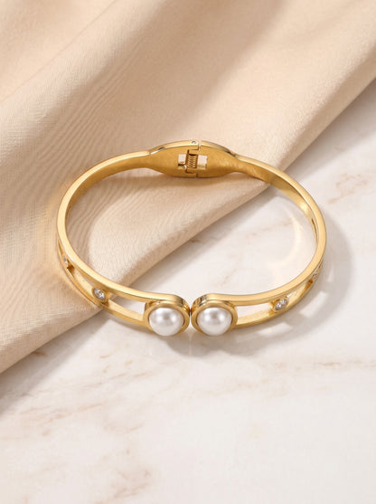 Golden Twin Pearl Crystal Kada Bracelet