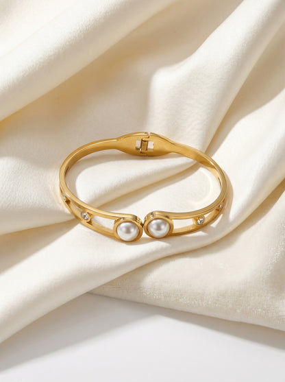 Golden Twin Pearl Crystal Kada Bracelet