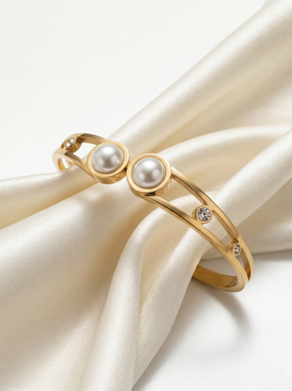 Golden Twin Pearl Crystal Kada Bracelet