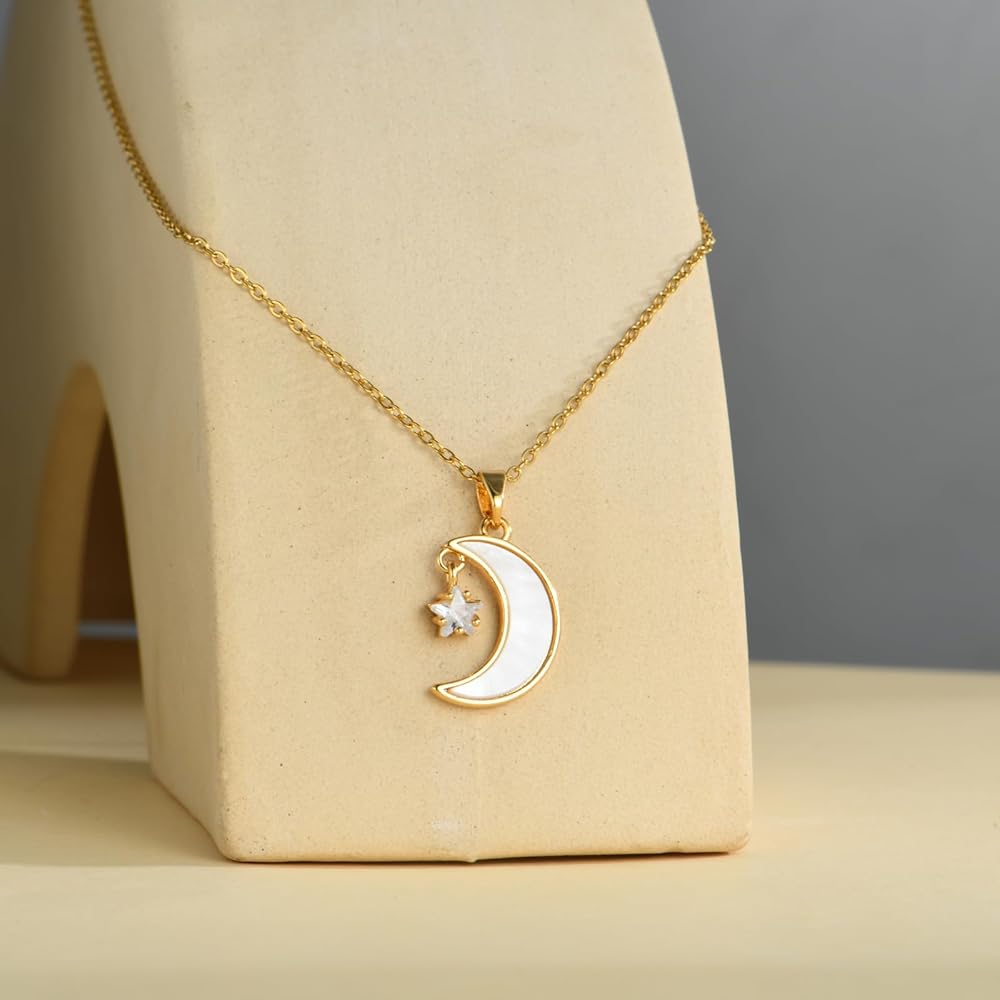 Mother Pearl Moon Star Necklace Gold Plated, Waterproof and Anti