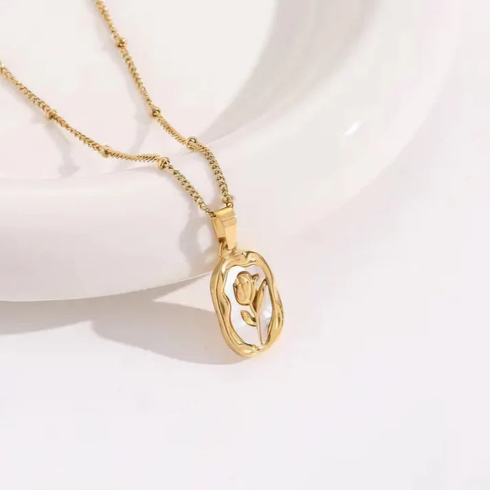 Rose Enamel Chain Necklace Gold Plated + Bamboo Bracelet Kada 18k Gold Plated + Dangling Diamond Bow Earrings Gold Plated