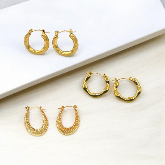 Hoops Earrings Set of 3 - 18k Gold Plated, Waterproof, Anti-tarnish