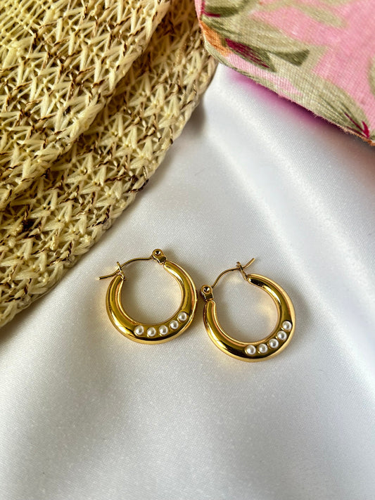 Orbed Pearl Hoops Earrings 18K Gold Plated, Waterproof and Anti-Tarnish