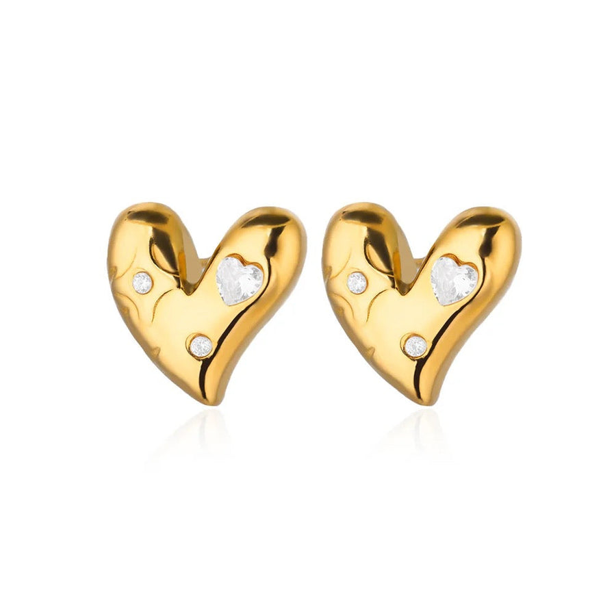 Diamond Heart Stud Earrings Gold Plated, Waterproof and Anti-Tarnish