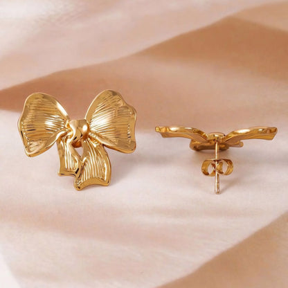 Wrinkle Bow Earrings Gold Plated, Waterproof and Anti-Tarnish